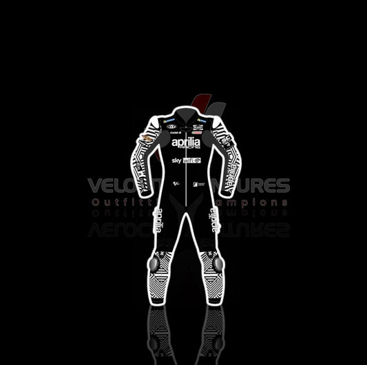 Aprilia CE-approved racing leather suit with armor, tailored fit & durable protection. Ideal for serious motorbike riders. Built for safety, comfort, and speed.