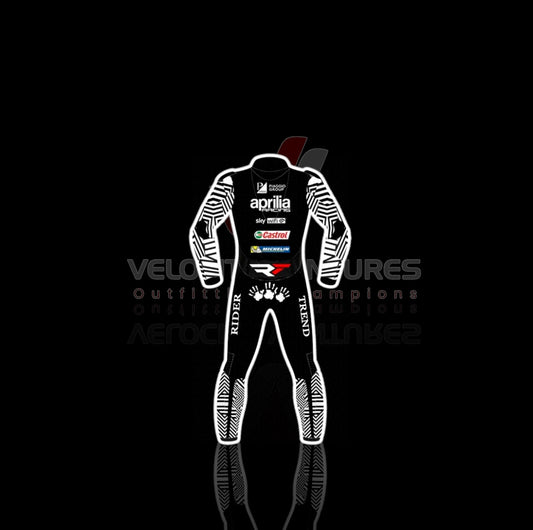 Aprilia CE-approved racing leather suit with armor, tailored fit & durable protection. Ideal for serious motorbike riders. Built for safety, comfort, and speed.