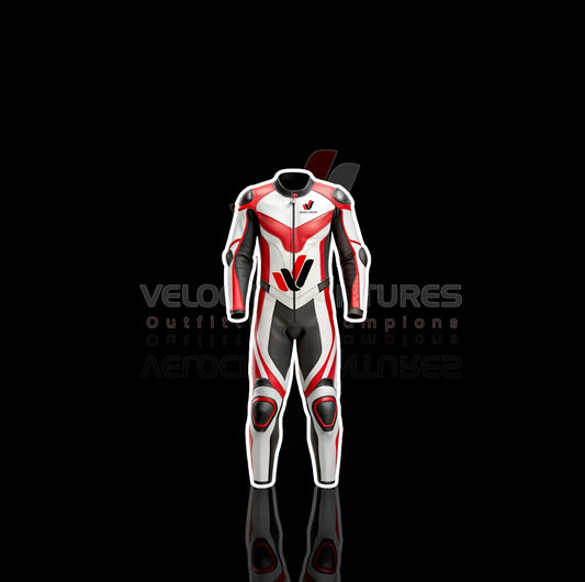 Velocity Ventures CE-approved racing leather suit with armor, tailored fit & durable protection. Ideal for serious motorbike riders. Built for safety, comfort, and speed.