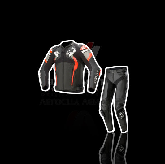 Alpinestar 2 piece CE-approved racing leather suit with armor, tailored fit & durable protection. Ideal for serious motorbike riders. Built for safety, comfort, and speed.
