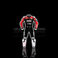 Aprilia CE-approved racing leather suit with armor, tailored fit & durable protection. Ideal for serious motorbike riders. Built for safety, comfort, and speed.