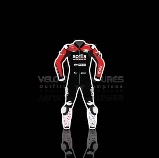 Aprilia CE-approved racing leather suit with armor, tailored fit & durable protection. Ideal for serious motorbike riders. Built for safety, comfort, and speed.