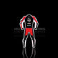 Aprilia CE-approved racing leather suit with armor, tailored fit & durable protection. Ideal for serious motorbike riders. Built for safety, comfort, and speed.