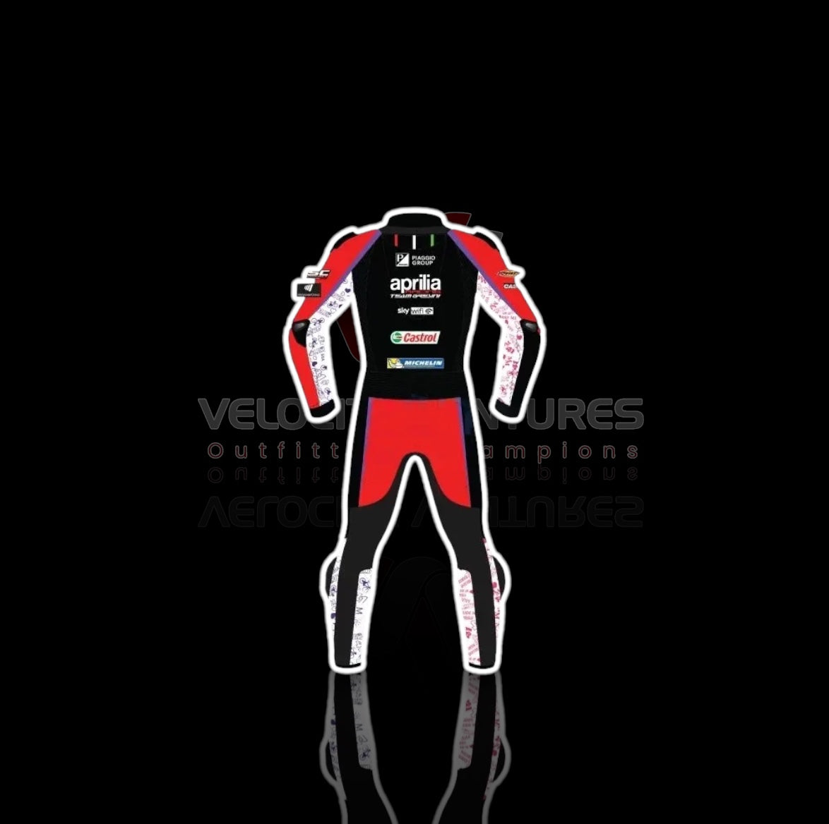 Aprilia CE-approved racing leather suit with armor, tailored fit & durable protection. Ideal for serious motorbike riders. Built for safety, comfort, and speed.