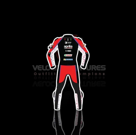 Aprilia CE-approved racing leather suit with armor, tailored fit & durable protection. Ideal for serious motorbike riders. Built for safety, comfort, and speed.
