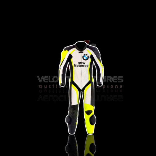 BMW motorrad CE-approved racing leather suit with armor, tailored fit & durable protection. Ideal for serious motorbike riders. Built for safety, comfort, and speed.