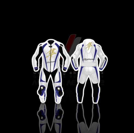 Suzuki Hayabusa CE-approved racing leather suit with armor, tailored fit & durable protection. Ideal for serious motorbike riders. Built for safety, comfort, and speed.