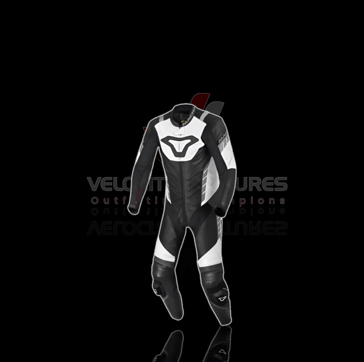 Macna CE-approved racing leather suit with armor, tailored fit & durable protection. Ideal for serious motorbike riders. Built for safety, comfort, and speed.
