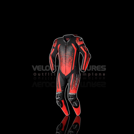 RST CE-approved racing leather suit with armor, tailored fit & durable protection. Ideal for serious motorbike riders. Built for safety, comfort, and speed.