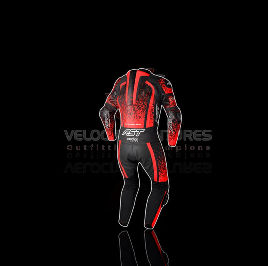 RST CE-approved racing leather suit with armor, tailored fit & durable protection. Ideal for serious motorbike riders. Built for safety, comfort, and speed.