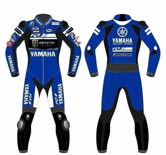 Yamaha CE-approved racing leather suit with armor, tailored fit & durable protection. Ideal for serious motorbike riders. Built for safety, comfort, and speed.