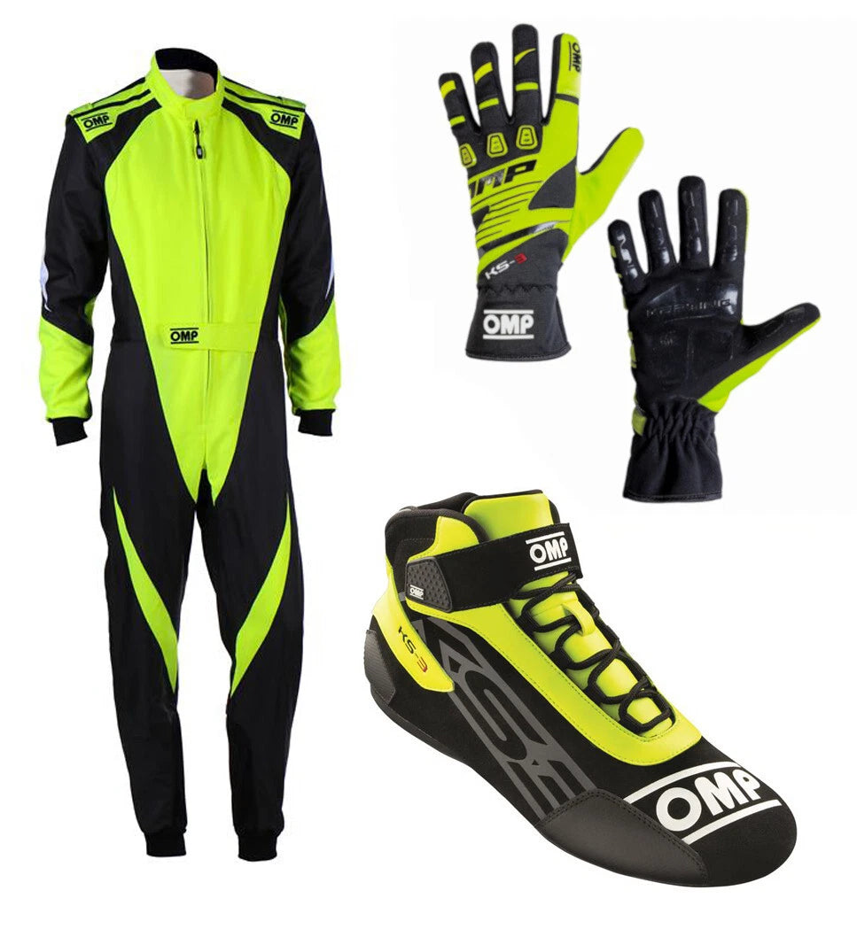 OMP Kart Racing Suit + Shoes + Gloves Set – 3-in-1 Custom Karting Gear Combo | Lightweight, Breathable & Race-Ready with Bulk Order Discounts.