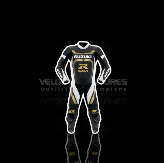 Suzuki GSX CE-approved racing leather suit with armor, tailored fit & durable protection. Ideal for serious motorbike riders. Built for safety, comfort, and speed.