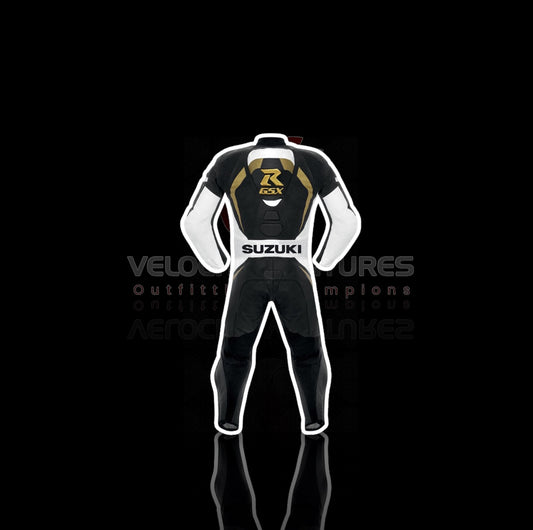 Suzuki GSX CE-approved racing leather suit with armor, tailored fit & durable protection. Ideal for serious motorbike riders. Built for safety, comfort, and speed.
