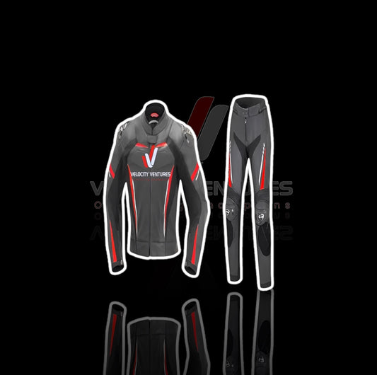 Velocity Ventures 2 piece CE-approved racing leather suit with armor, tailored fit & durable protection. Ideal for serious motorbike riders. Built for safety, comfort, and speed.