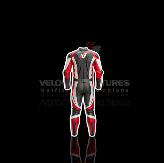 Velocity Ventures CE-approved racing leather suit with armor, tailored fit & durable protection. Ideal for serious motorbike riders. Built for safety, comfort, and speed.
