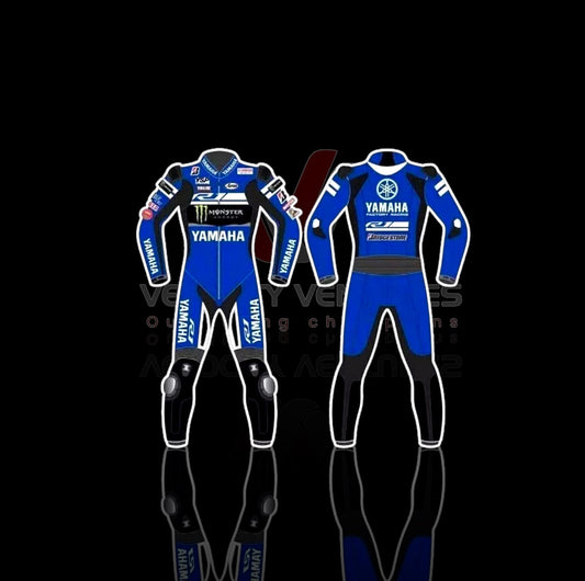 Yamaha CE-approved racing leather suit with armor, tailored fit & durable protection. Ideal for serious motorbike riders. Built for safety, comfort, and speed.